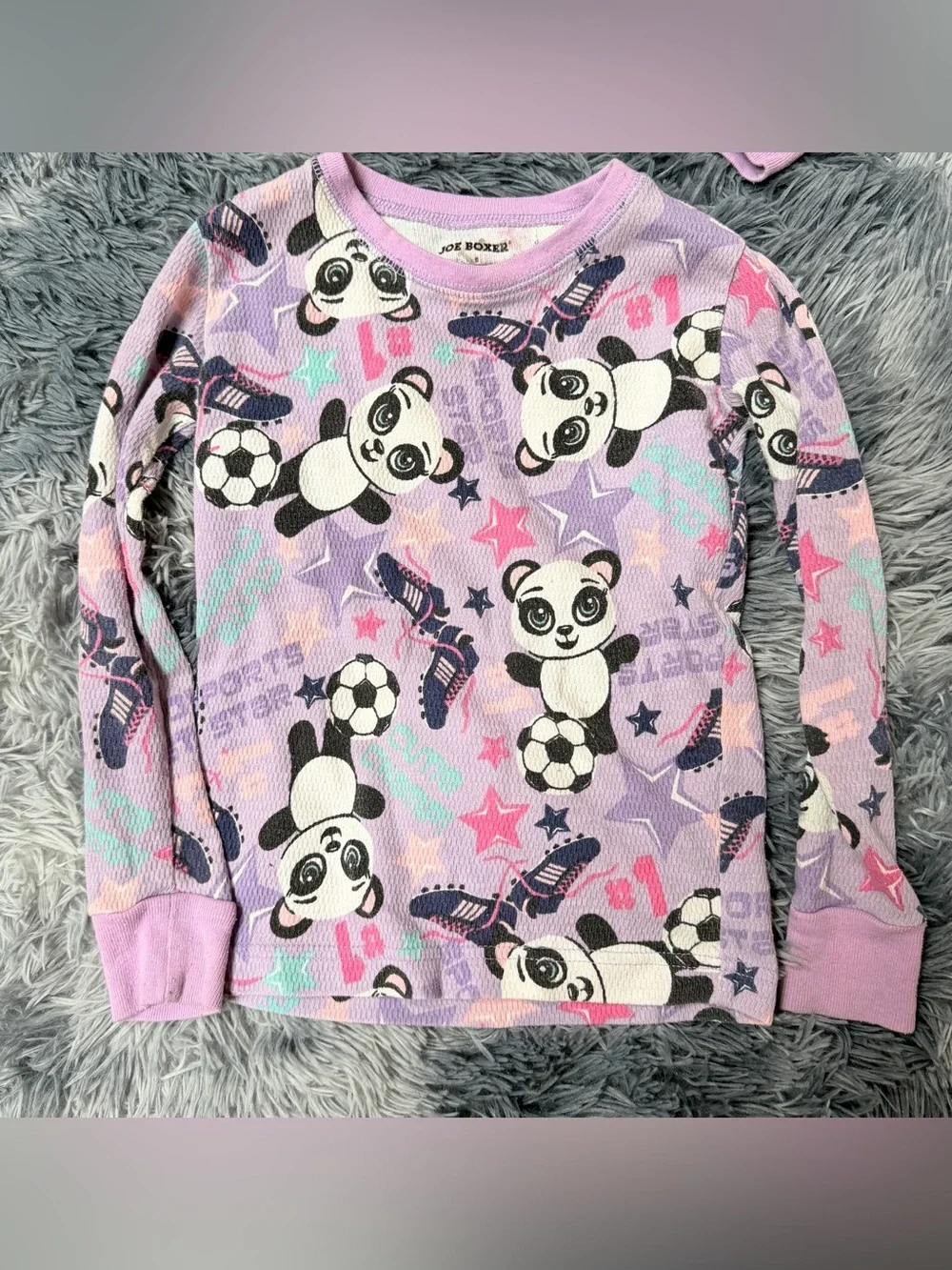 Girls 5 Joe Boxer thermal kids pajama set Lilac whimsical Panda & Soccer Print